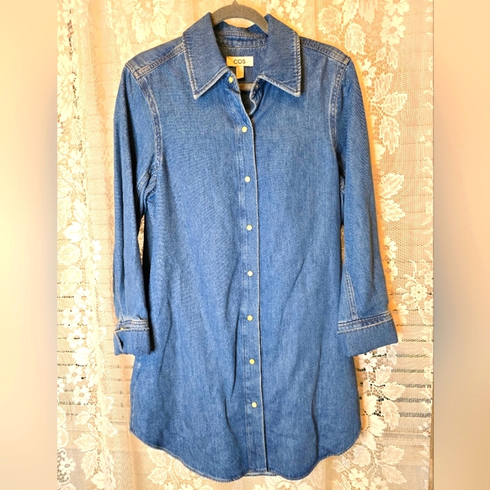 COS Blue Denim Shirt Dress, Womens Pearl Snap Button Down, 8